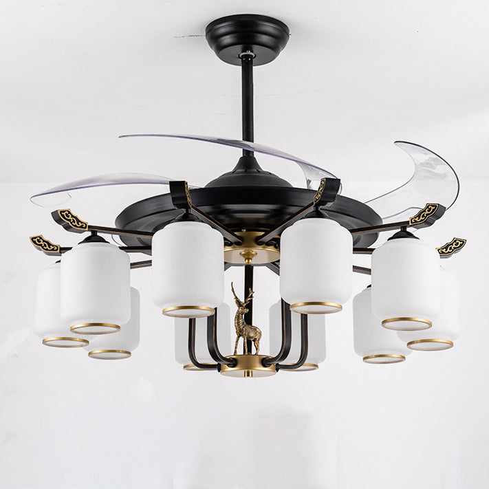 Traditional Chinese Iron Glass ABS Cylinder Deer 10-Light Ceiling Fan Light for Living Room