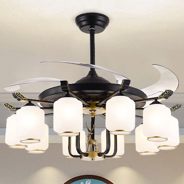 Traditional Chinese Iron Glass ABS Cylinder Deer 10-Light Ceiling Fan Light for Living Room