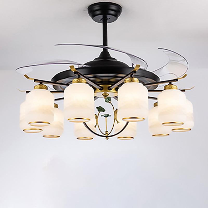 Traditional Chinese Iron Glass ABS Cylinder Deer 10-Light Ceiling Fan Light for Living Room