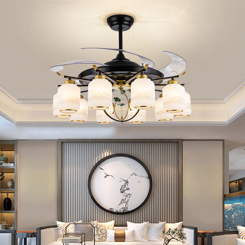 Traditional Chinese Iron Glass ABS Cylinder Deer 10-Light Ceiling Fan Light for Living Room