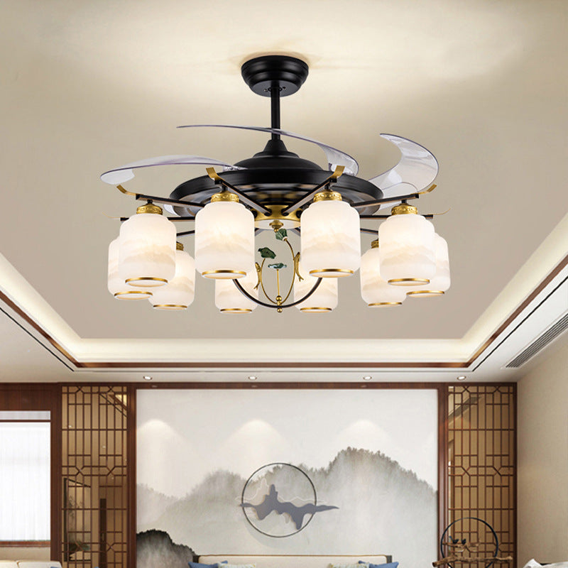 Traditional Chinese Iron Glass ABS Cylinder Deer 10-Light Ceiling Fan Light for Living Room