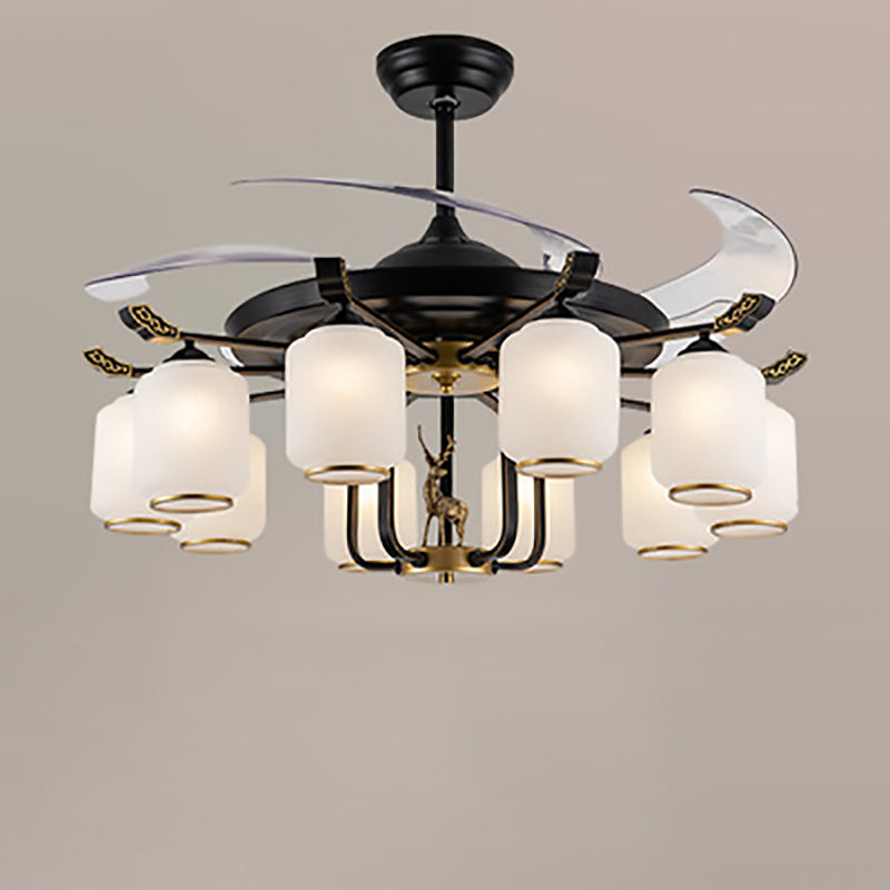 Traditional Chinese Iron Glass ABS Cylinder Deer 10-Light Ceiling Fan Light for Living Room
