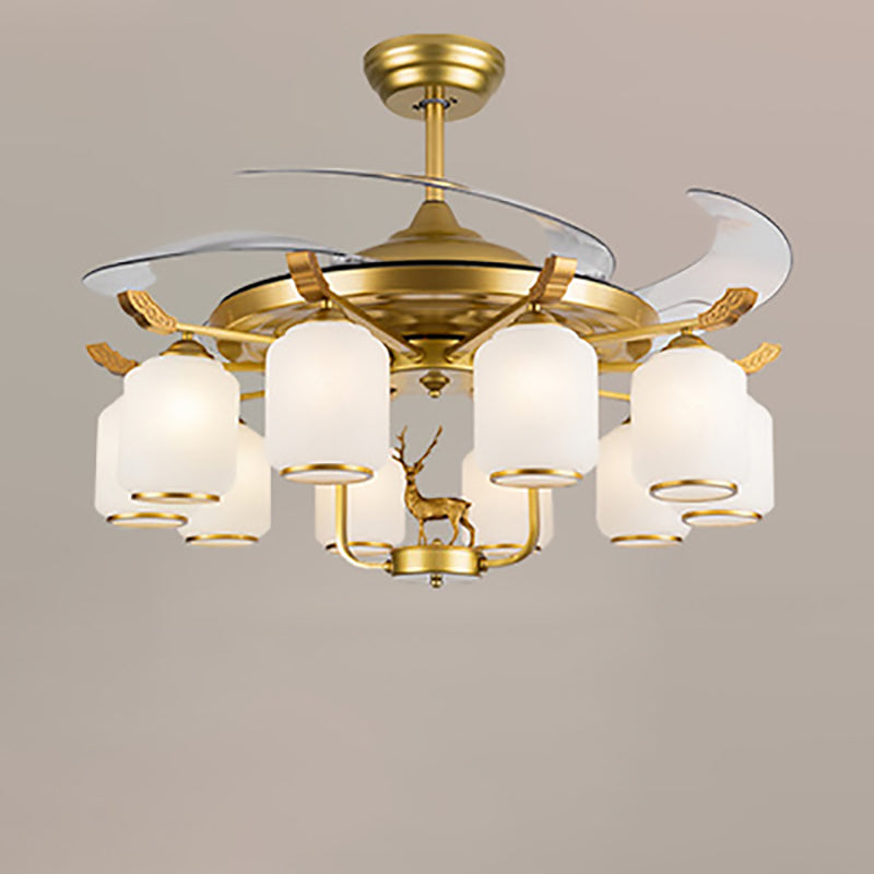 Traditional Chinese Iron Glass ABS Cylinder Deer 10-Light Ceiling Fan Light for Living Room