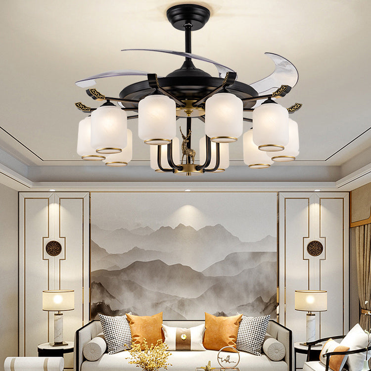 Traditional Chinese Iron Glass ABS Cylinder Deer 10-Light Ceiling Fan Light for Living Room