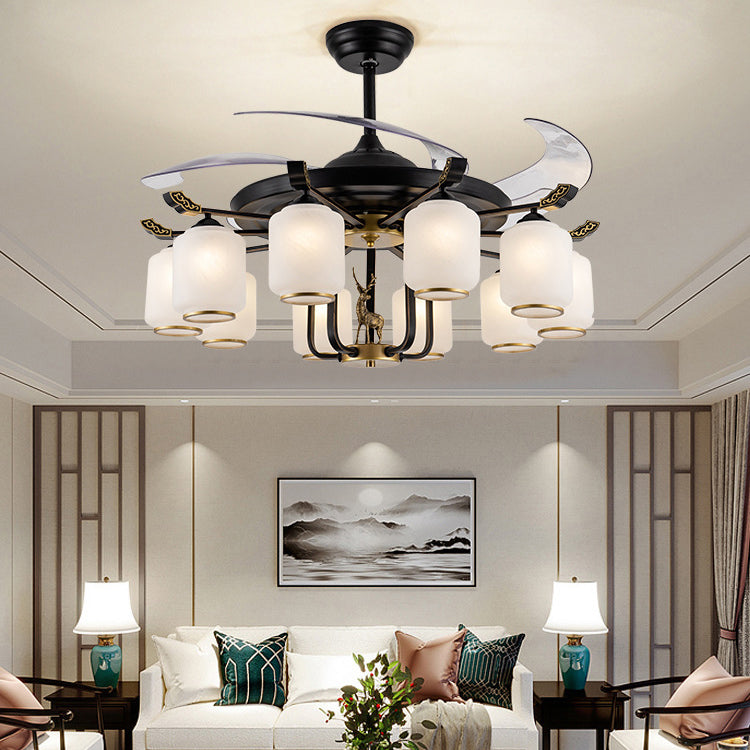 Traditional Chinese Iron Glass ABS Cylinder Deer 10-Light Ceiling Fan Light for Living Room