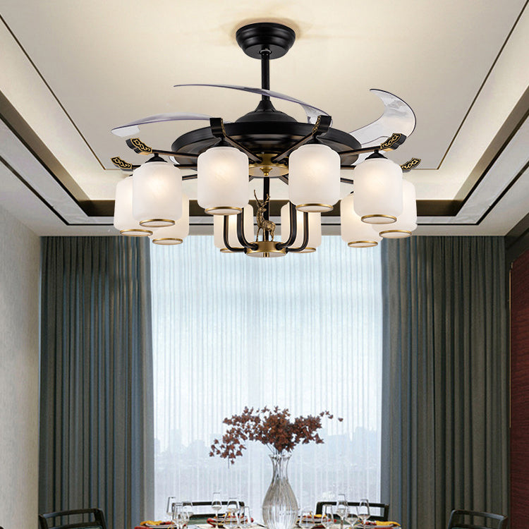 Traditional Chinese Iron Glass ABS Cylinder Deer 10-Light Ceiling Fan Light for Living Room