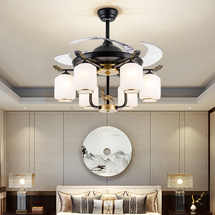 Traditional Chinese Iron Glass ABS Cylinder Deer 10-Light Ceiling Fan Light for Living Room