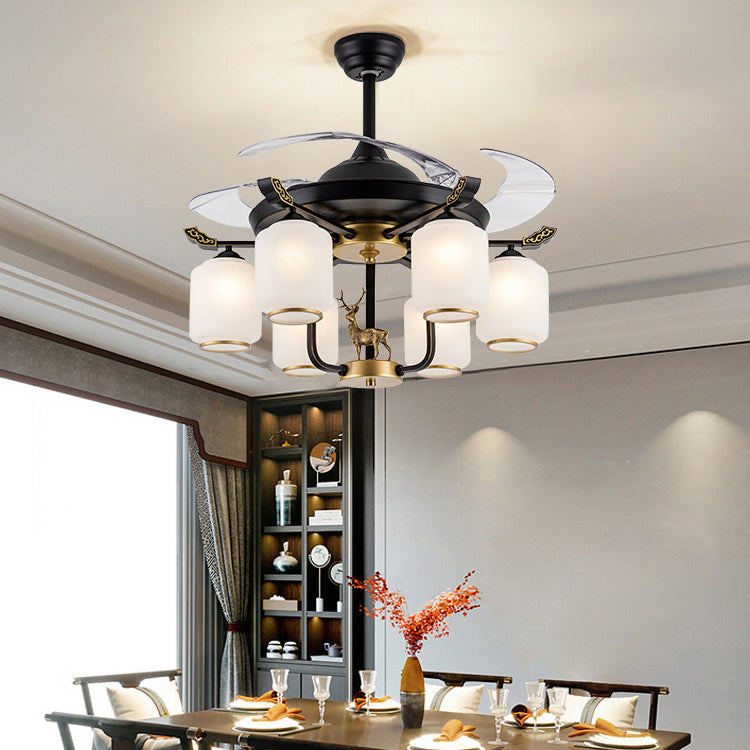 Traditional Chinese Iron Glass ABS Cylinder Deer 10-Light Ceiling Fan Light for Living Room