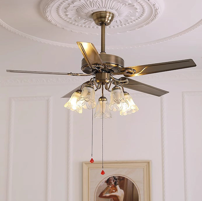 Contemporary Retro Floral Round Ceiling Fan Light - 2/5 Light Downrods for Living Room

Elevate your living room with this stylish ceiling fan light featuring a contemporary retro design. This versatile fixture combines glass, wood, and iron elements for