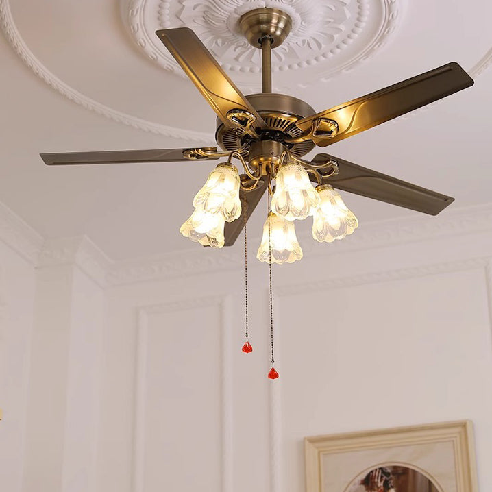 Contemporary Retro Floral Round Ceiling Fan Light - 2/5 Light Downrods for Living Room

Elevate your living room with this stylish ceiling fan light featuring a contemporary retro design. This versatile fixture combines glass, wood, and iron elements for