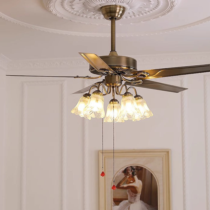 Contemporary Retro Floral Round Ceiling Fan Light - 2/5 Light Downrods for Living Room

Elevate your living room with this stylish ceiling fan light featuring a contemporary retro design. This versatile fixture combines glass, wood, and iron elements for