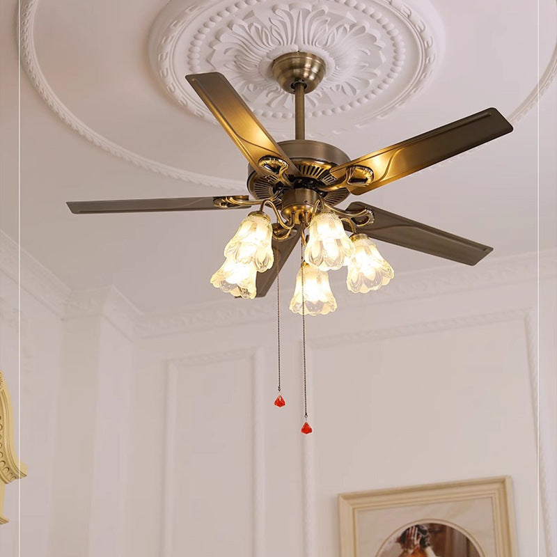 Contemporary Retro Floral Round Ceiling Fan Light - 2/5 Light Downrods for Living Room

Elevate your living room with this stylish ceiling fan light featuring a contemporary retro design. This versatile fixture combines glass, wood, and iron elements for