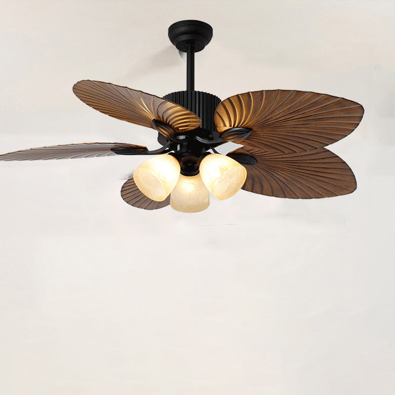 Contemporary Retro Ceiling Fan Light with Downrods - Alloy, ABS, Copper, Glass, Palm Leaf Style, 3/5 Lights for Living Room