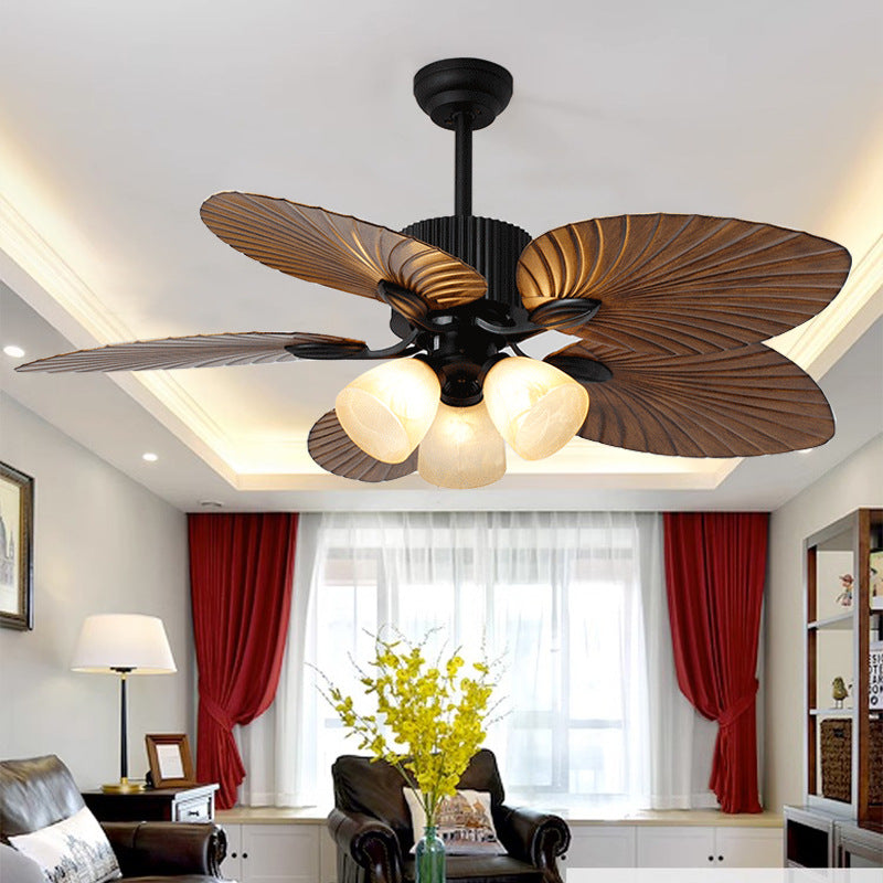 Contemporary Retro Ceiling Fan Light with Downrods - Alloy, ABS, Copper, Glass, Palm Leaf Style, 3/5 Lights for Living Room