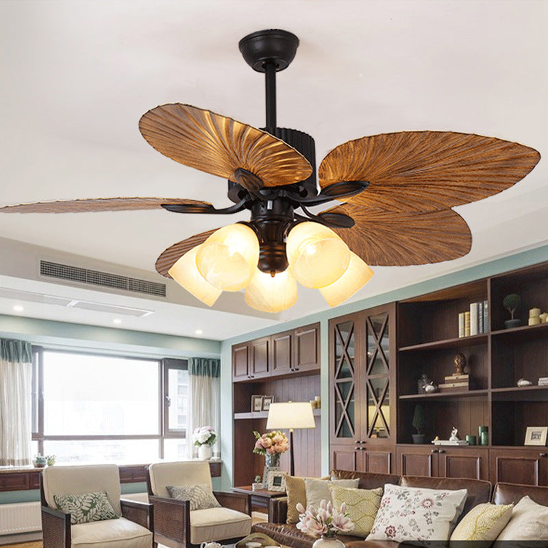 Contemporary Retro Ceiling Fan Light with Downrods - Alloy, ABS, Copper, Glass, Palm Leaf Style, 3/5 Lights for Living Room