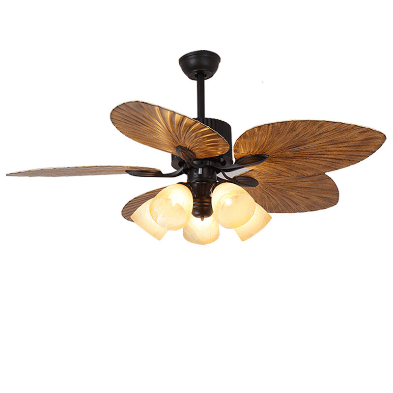 Contemporary Retro Ceiling Fan Light with Downrods - Alloy, ABS, Copper, Glass, Palm Leaf Style, 3/5 Lights for Living Room