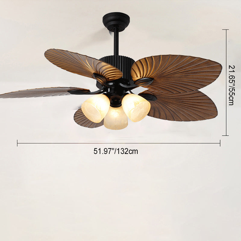 Contemporary Retro Ceiling Fan Light with Downrods - Alloy, ABS, Copper, Glass, Palm Leaf Style, 3/5 Lights for Living Room