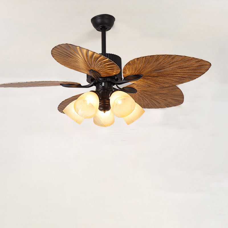 Contemporary Retro Ceiling Fan Light with Downrods - Alloy, ABS, Copper, Glass, Palm Leaf Style, 3/5 Lights for Living Room
