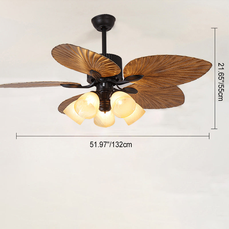 Contemporary Retro Ceiling Fan Light with Downrods - Alloy, ABS, Copper, Glass, Palm Leaf Style, 3/5 Lights for Living Room