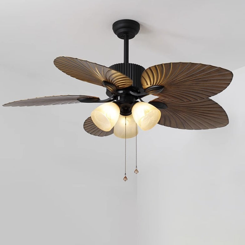 Contemporary Retro Ceiling Fan Light with Downrods - Alloy, ABS, Copper, Glass, Palm Leaf Style, 3/5 Lights for Living Room