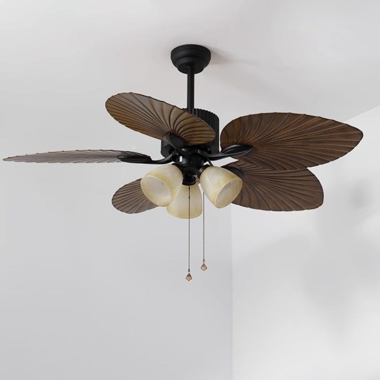 Contemporary Retro Ceiling Fan Light with Downrods - Alloy, ABS, Copper, Glass, Palm Leaf Style, 3/5 Lights for Living Room