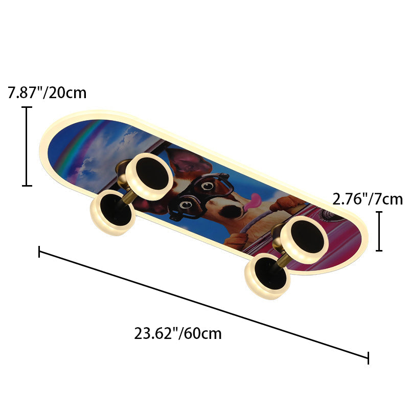 Contemporary Creative Kids Iron Acrylic Elliptical Skateboard LED Flush Mount Ceiling Light Bedroom Lighting Fixture for Kids Room, Modern Illumination, Unique Design, Fun Decor, Colorful Ceiling Light, Skateboard Theme Light Fixture, LED Lighting for Bed