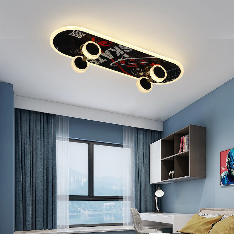 Contemporary Creative Kids Iron Acrylic Elliptical Skateboard LED Flush Mount Ceiling Light Bedroom Lighting Fixture for Kids Room, Modern Illumination, Unique Design, Fun Decor, Colorful Ceiling Light, Skateboard Theme Light Fixture, LED Lighting for Bed