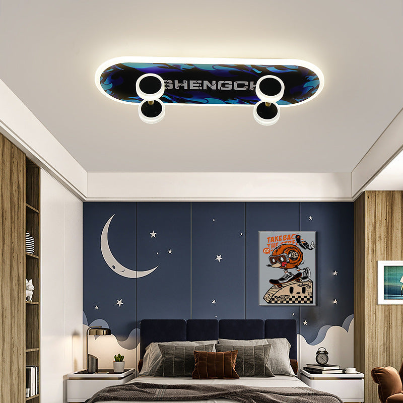 Contemporary Creative Kids Iron Acrylic Elliptical Skateboard LED Flush Mount Ceiling Light Bedroom Lighting Fixture for Kids Room, Modern Illumination, Unique Design, Fun Decor, Colorful Ceiling Light, Skateboard Theme Light Fixture, LED Lighting for Bed
