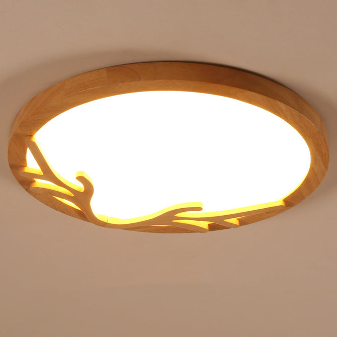 Rustic Deer Horn LED Flush Mount Ceiling Light - Metal & Rubber Wood Design for Bedroom