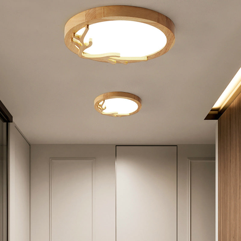 Rustic Deer Horn LED Flush Mount Ceiling Light - Metal & Rubber Wood Design for Bedroom