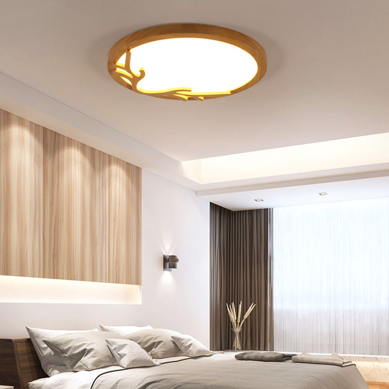Rustic Deer Horn LED Flush Mount Ceiling Light - Metal & Rubber Wood Design for Bedroom