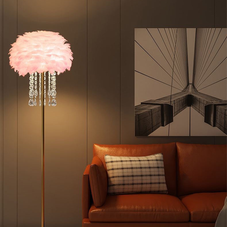 Contemporary Nordic Iron Feather Crystal Floor Lamp for Living Room