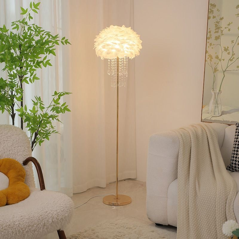 Contemporary Nordic Iron Feather Crystal Floor Lamp for Living Room