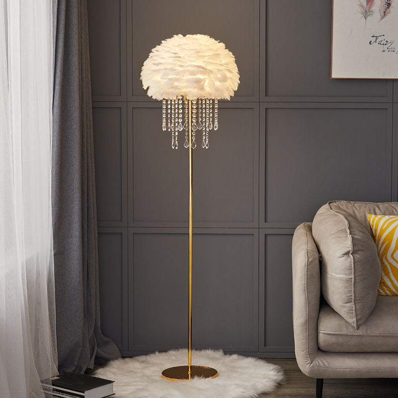 Contemporary Nordic Iron Feather Crystal Floor Lamp for Living Room
