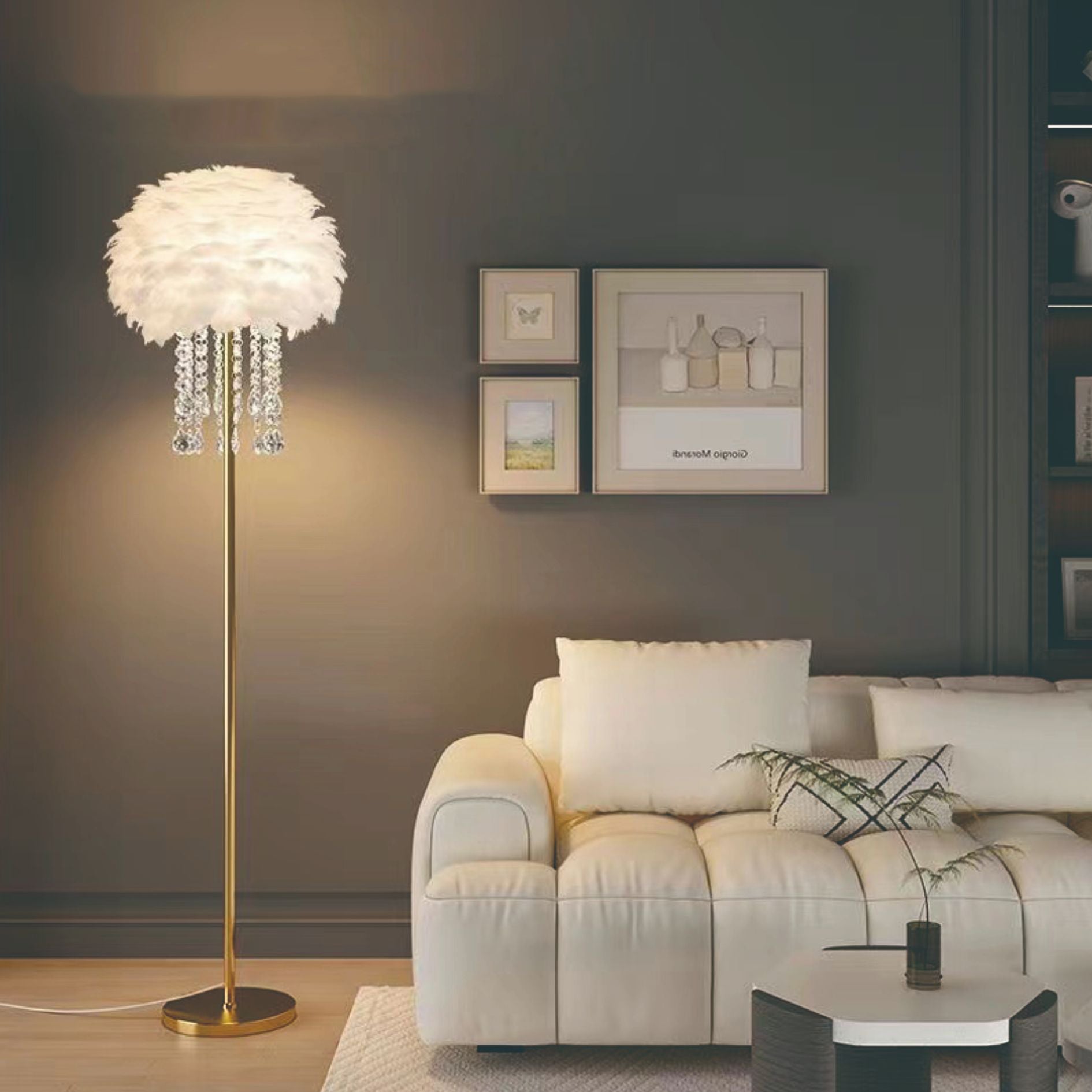 Contemporary Nordic Iron Feather Crystal Floor Lamp for Living Room