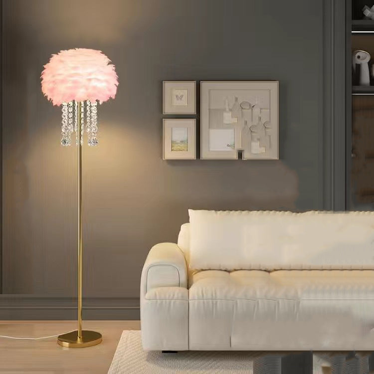 Contemporary Nordic Iron Feather Crystal Floor Lamp for Living Room