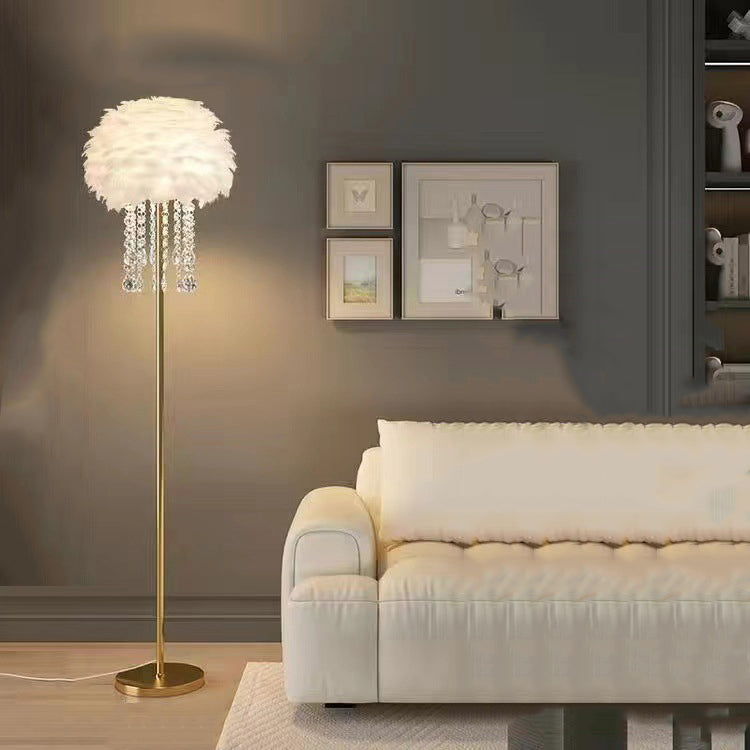 Contemporary Nordic Iron Feather Crystal Floor Lamp for Living Room