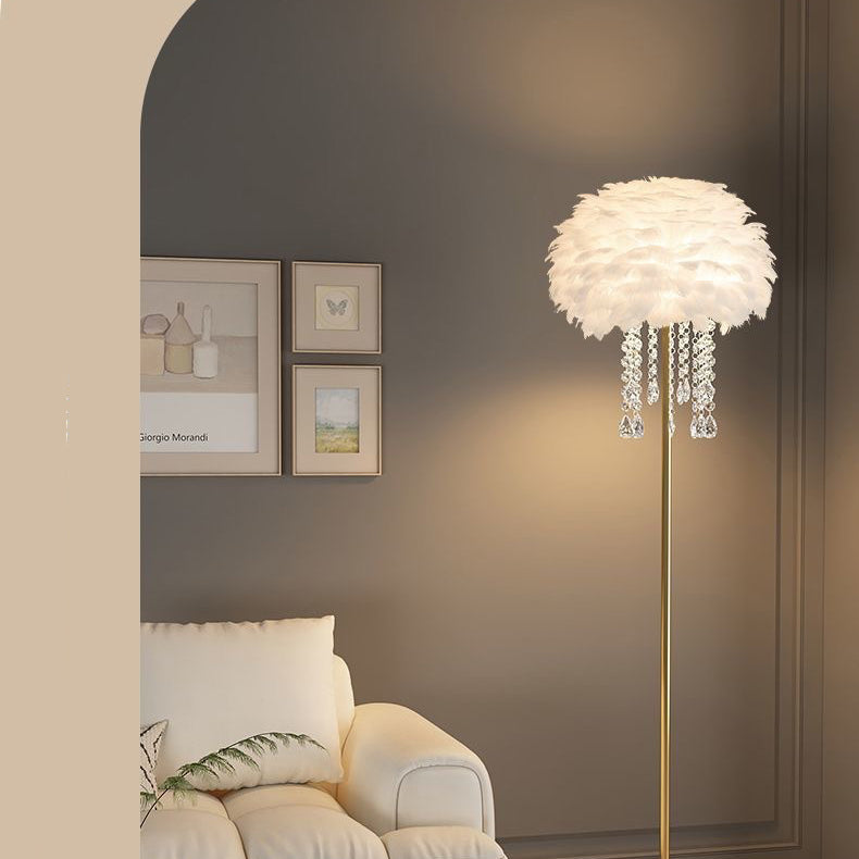 Contemporary Nordic Iron Feather Crystal Floor Lamp for Living Room