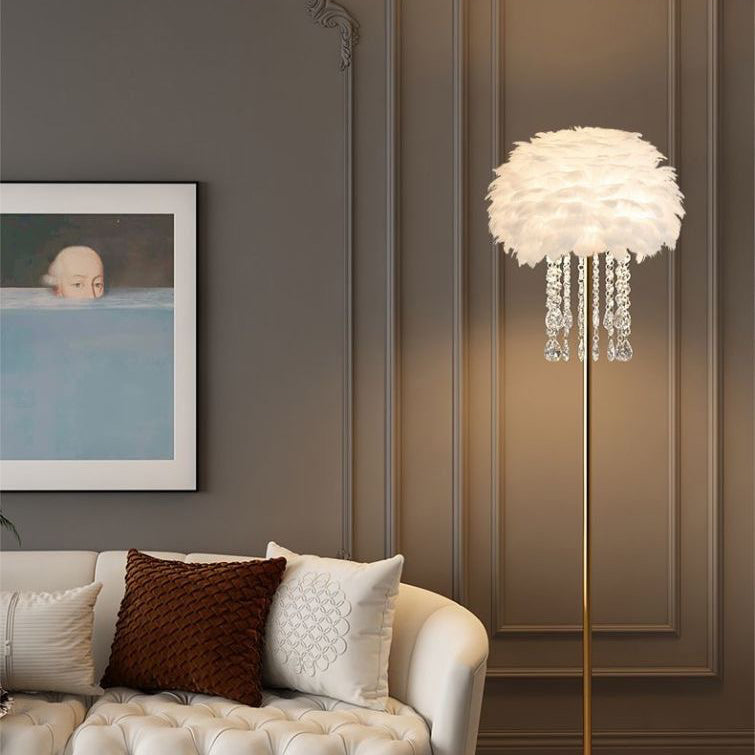 Contemporary Nordic Iron Feather Crystal Floor Lamp for Living Room