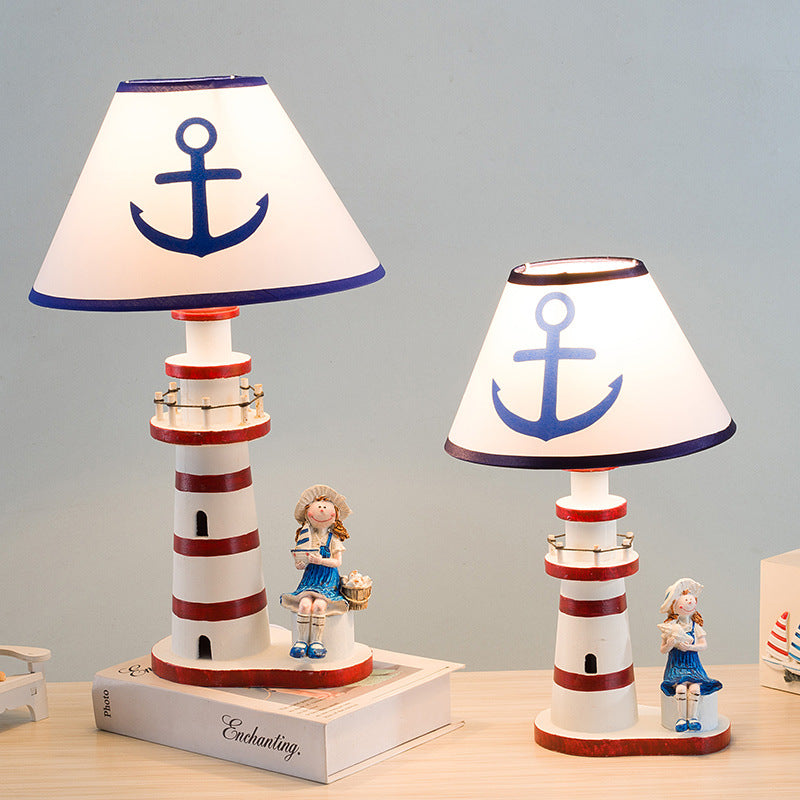 Contemporary Coastal Wood Fabric Kids Conic Lighthouse 1-Light Table Lamp for Bedroom, Nautical Decor, Children's Room Lighting, Beach Theme Illumination, Bedroom Nightstand Lamp, Kid's Room Accessories, Unique Lighthouse Design, Decorative Accent Light,