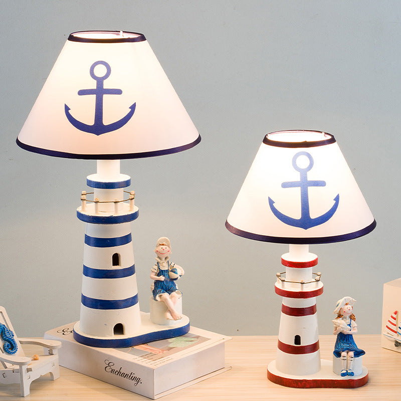 Contemporary Coastal Wood Fabric Kids Conic Lighthouse 1-Light Table Lamp for Bedroom, Nautical Decor, Children’s Room Lighting, Adorable Lighthouse Design, Beach Theme Nightstand Lamp, Rustic Coastal Kids Room Accessory, Perfect Gift for Boys and Girls,