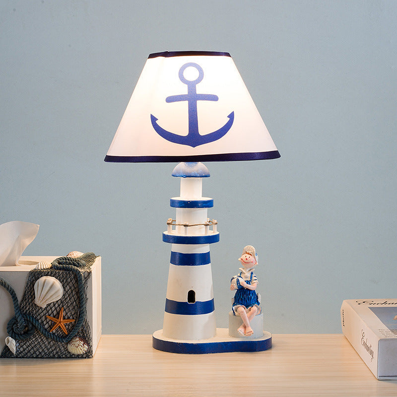 Contemporary Coastal Wood Fabric Kids Conic Lighthouse 1-Light Table Lamp for Bedroom, Nautical Decor, Children’s Room Lighting, Adorable Lighthouse Design, Beach Theme Nightstand Lamp, Rustic Coastal Kids Room Accessory, Perfect Gift for Boys and Girls,