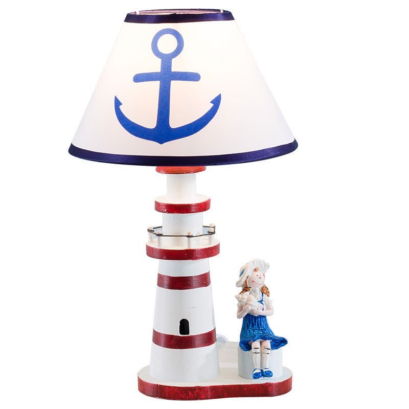 Contemporary Coastal Wood Fabric Kids Conic Lighthouse 1-Light Table Lamp for Bedroom, Nautical Decor, Children’s Room Lighting, Adorable Lighthouse Design, Beach Theme Nightstand Lamp, Rustic Coastal Kids Room Accessory, Perfect Gift for Boys and Girls,