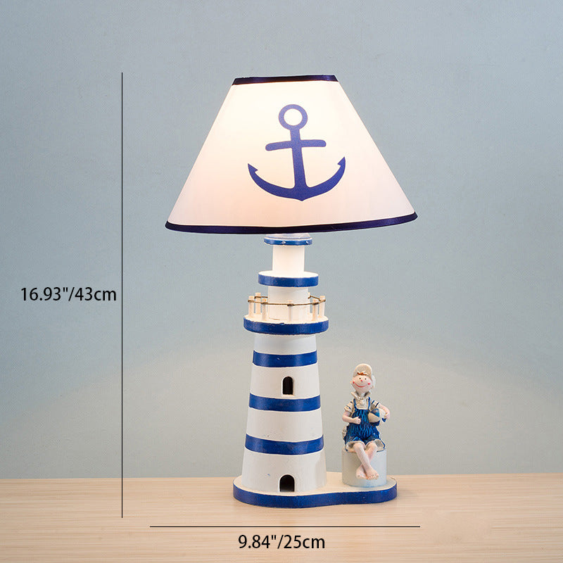 Contemporary Coastal Wood Fabric Kids Conic Lighthouse 1-Light Table Lamp for Bedroom, Nautical Decor, Children's Room Lighting, Beach Theme Illumination, Bedroom Nightstand Lamp, Kid's Room Accessories, Unique Lighthouse Design, Decorative Accent Light,