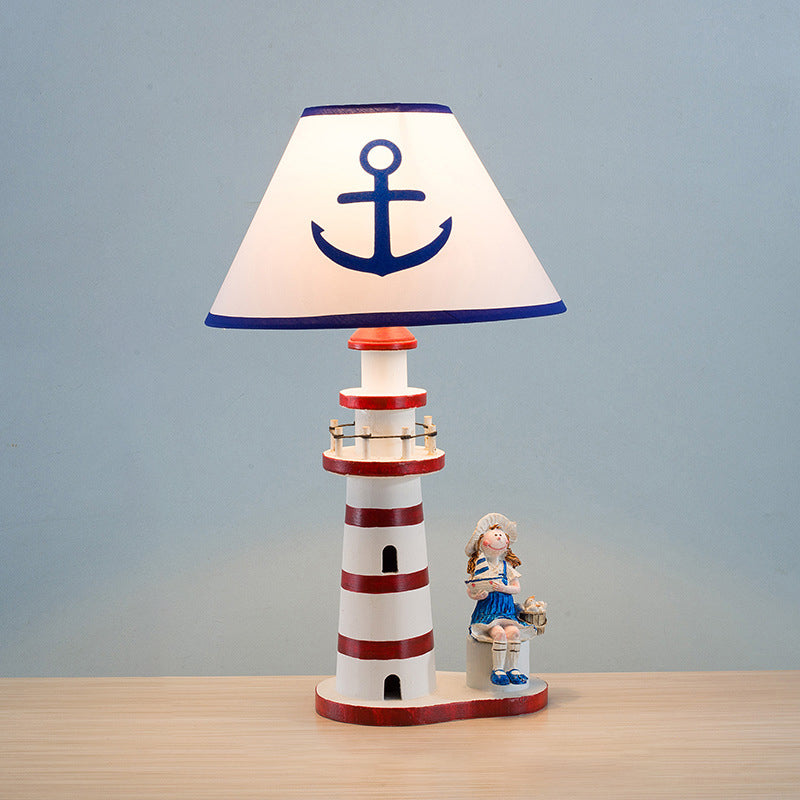 Contemporary Coastal Wood Fabric Kids Conic Lighthouse 1-Light Table Lamp for Bedroom, Nautical Decor, Children's Room Lighting, Beach Theme Illumination, Bedroom Nightstand Lamp, Kid's Room Accessories, Unique Lighthouse Design, Decorative Accent Light,