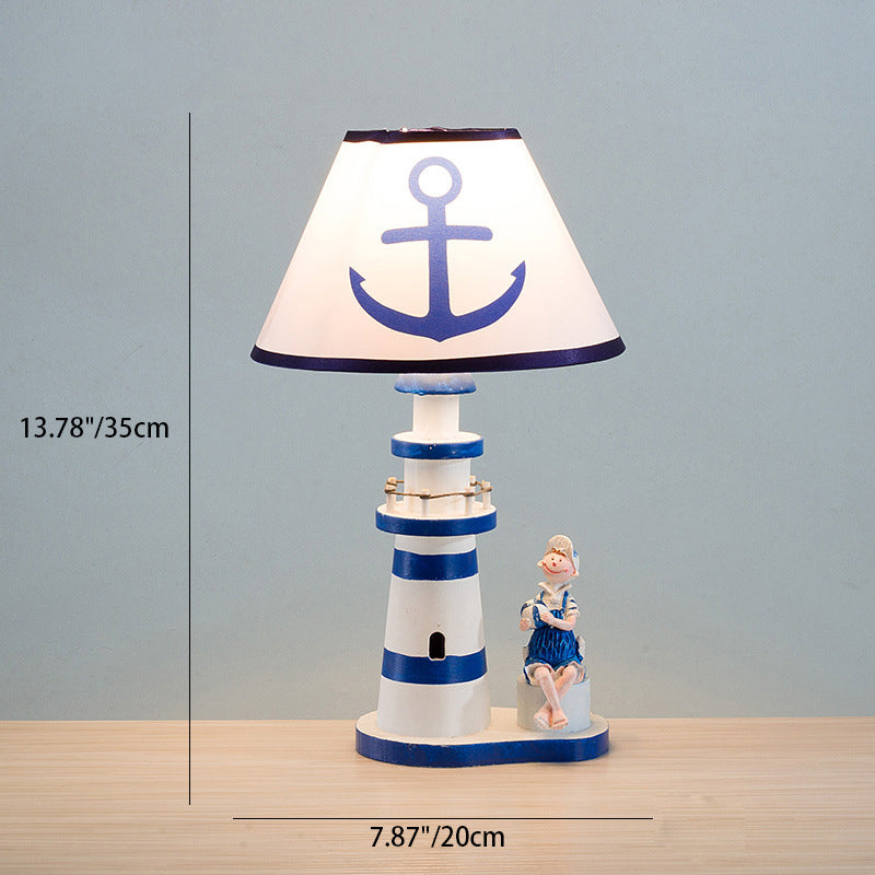 Contemporary Coastal Wood Fabric Kids Conic Lighthouse 1-Light Table Lamp for Bedroom, Nautical Decor, Children's Room Lighting, Beach Theme Illumination, Bedroom Nightstand Lamp, Kid's Room Accessories, Unique Lighthouse Design, Decorative Accent Light,