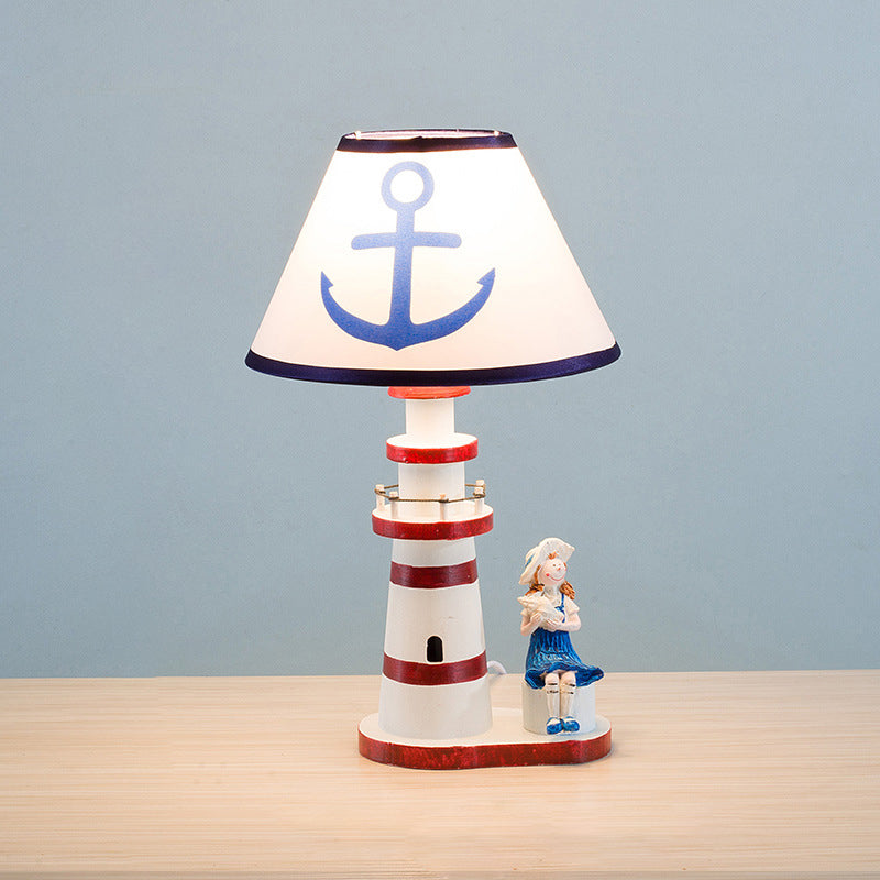 Contemporary Coastal Wood Fabric Kids Conic Lighthouse 1-Light Table Lamp for Bedroom, Nautical Decor, Children's Room Lighting, Beach Theme Illumination, Bedroom Nightstand Lamp, Kid's Room Accessories, Unique Lighthouse Design, Decorative Accent Light,