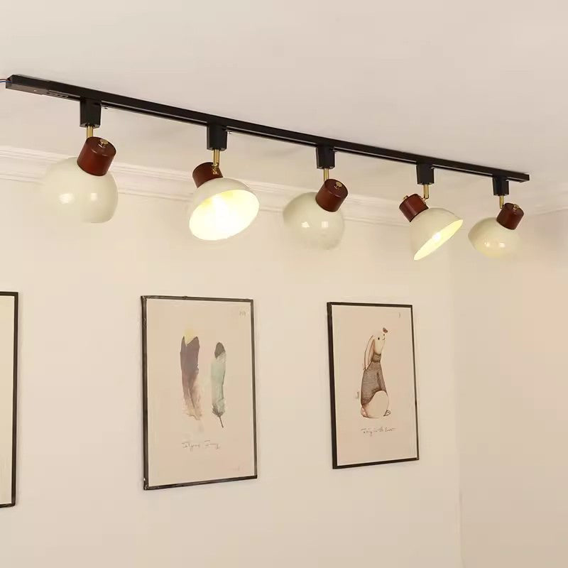 Contemporary Nordic Iron Wood Bowl Adjustable Track Lighting Semi-Flush Mount for Dining Room