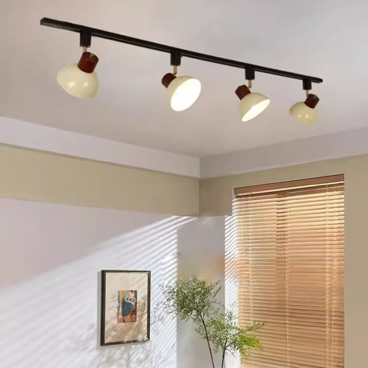 Contemporary Nordic Iron Wood Bowl Adjustable Track Lighting Semi-Flush Mount for Dining Room