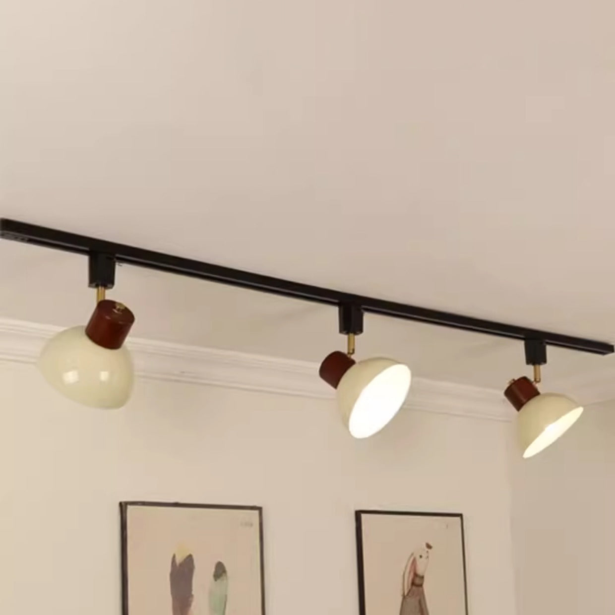 Contemporary Nordic Iron Wood Bowl Adjustable Track Lighting Semi-Flush Mount for Dining Room